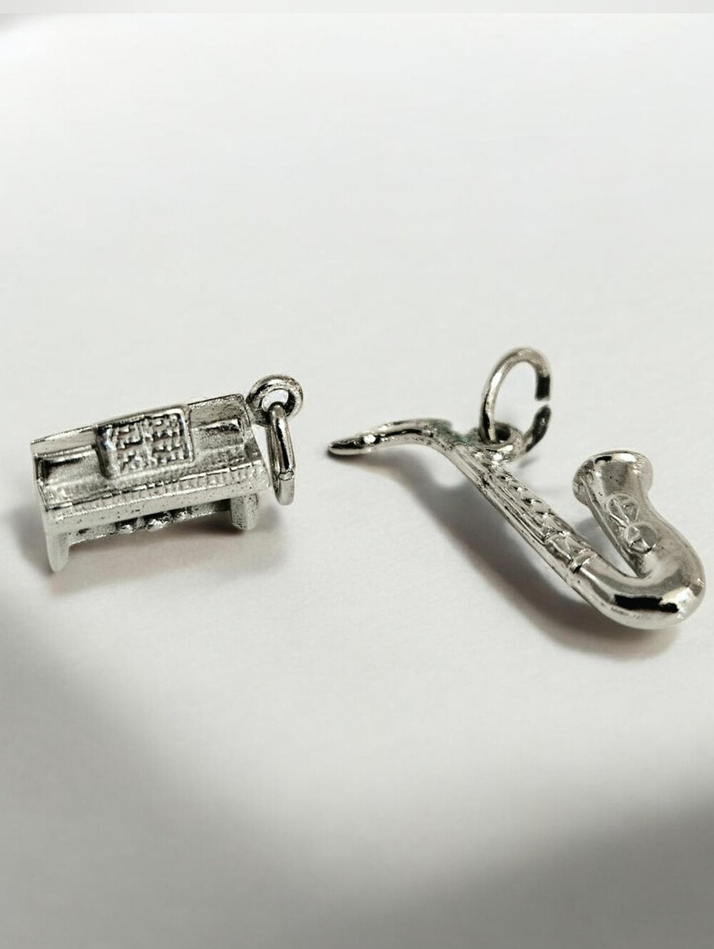 Vintage Sterling Silver Musical Charm Set; Upright Piano & Saxophone